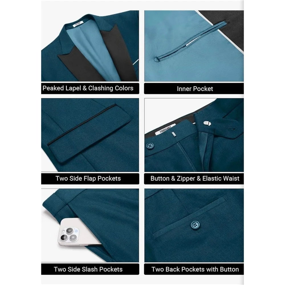 Men's 2-Piece Deep Blue and Black Peak Lapel Slim Fit Tuxedo Suit, Size Large